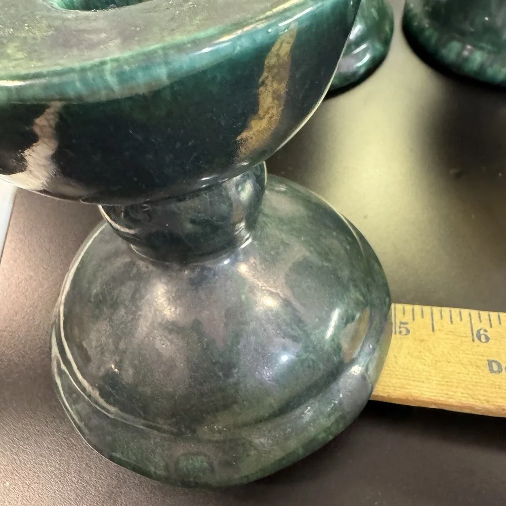 Vintage Gail Pittman Pottery Taper or Pillar Candle Holder Green  Signed Set 3‎